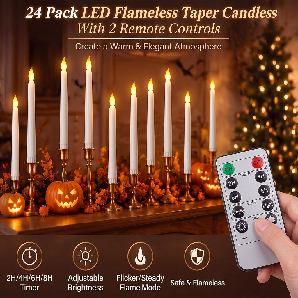 Tuanse 24pcs 11" LED Flameless Taper Battery Candles for Halloween, Ivory