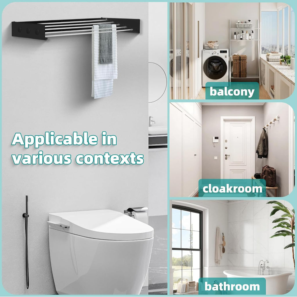Laundry Drying Rack Collapsible, Wall Mounted, The Surface has Hooks (Black-31.5")