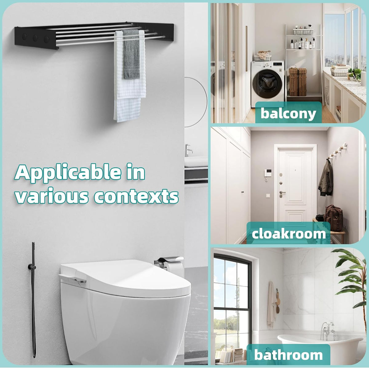 Laundry Drying Rack Collapsible, Wall Mounted, The Surface has Hooks (Black-31.5")