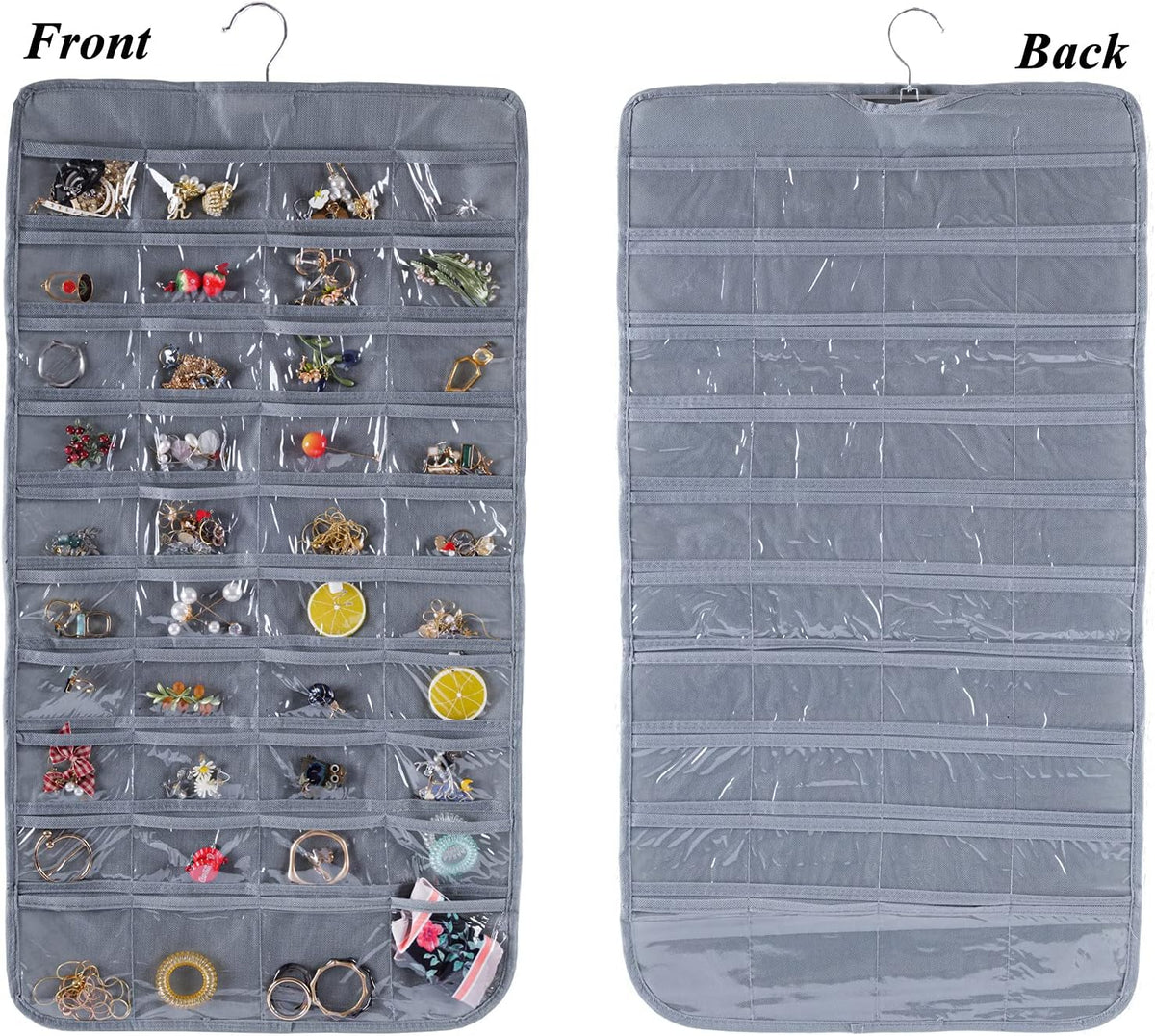 Bloss Hanging Jewelry Organizer, Earring Organizer Double Sided 80 Pocket Jewelry Chain Storage Bag 2 Layer of Fabric Jewelry Holder for Necklace Bracelet - Gray