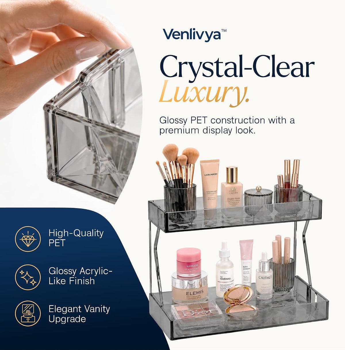 Perfume Organizer for Vanity, Premium Clear Acrylic Makeup Organizer Countertop with Non-Slip Trays, Easy 30-Second Assembly, organizador de maquillaje (Dark Diamond)