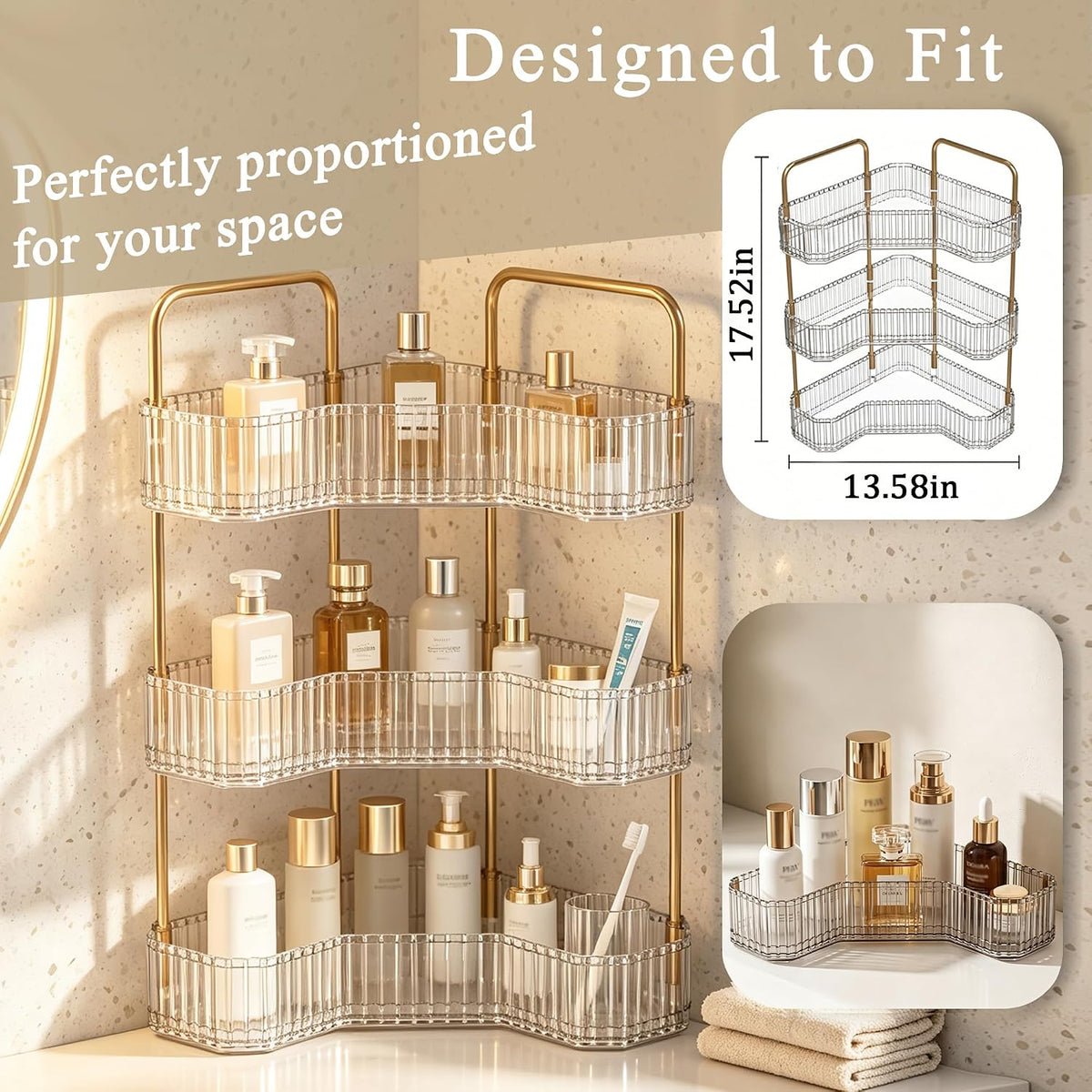 3-Tier Corner Bathroom Organizer, Skincare Vanity Counter Shelf Clear