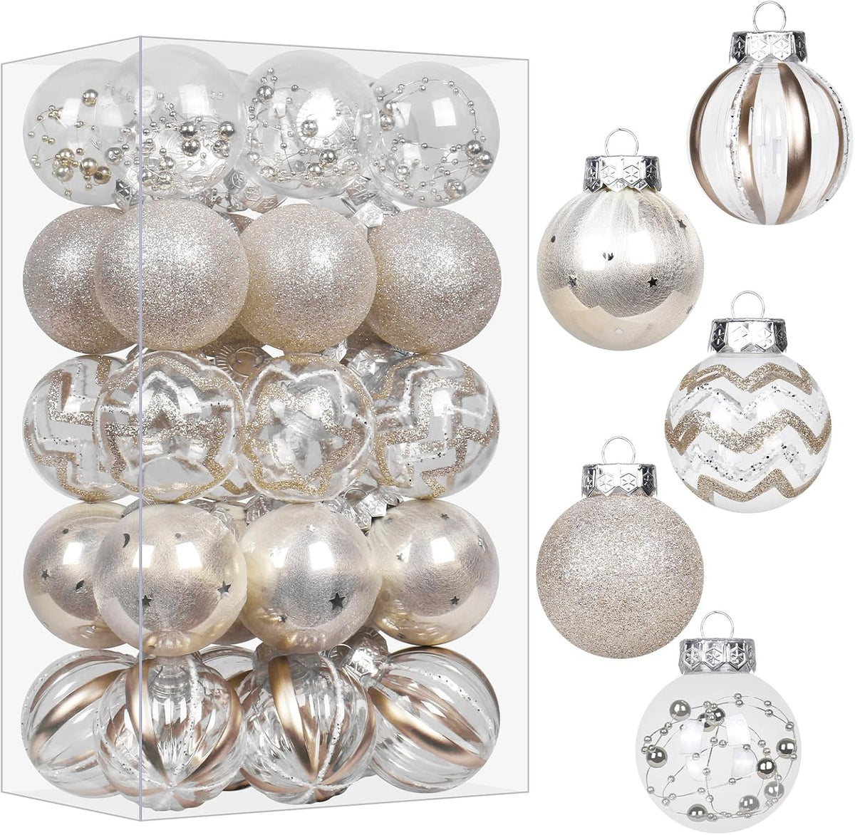 30PCS Champagne Clear Christmas Ball Ornaments Set for Xmas Tree Decoration