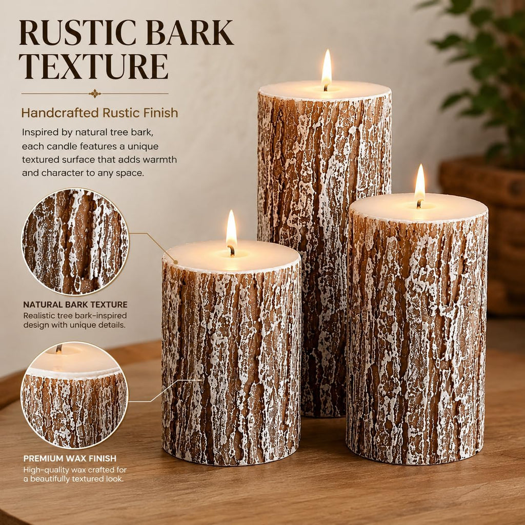 Rustic Pine Tree Pillar Candle Set of 3, Unscented Home Decor