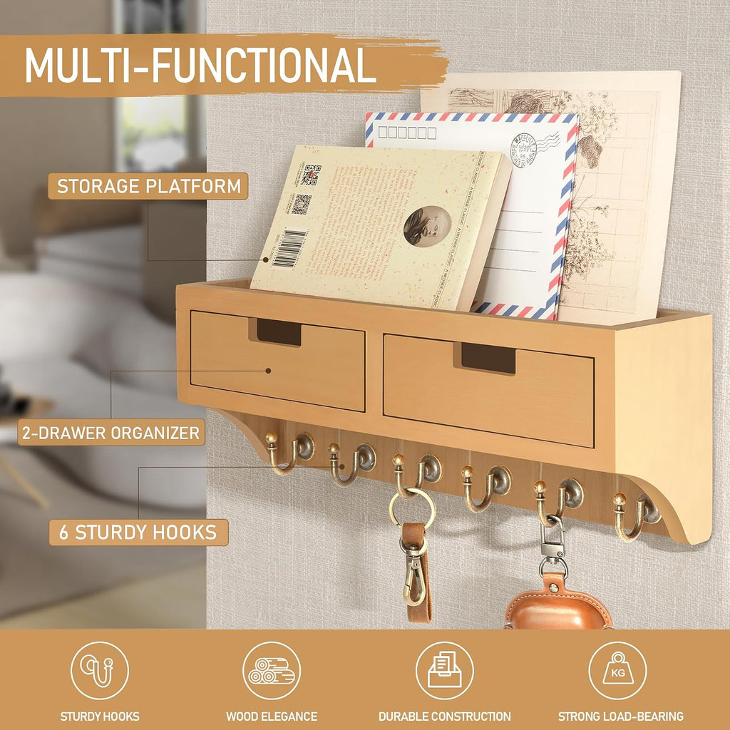 Rebee Vision Key Holder Wall Mount with Drawers for Room Decor, Light Brown