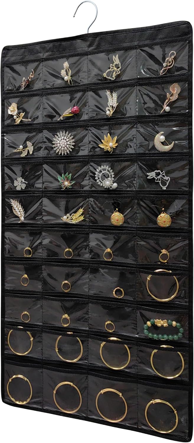 80 Pocket Hanging Jewelry Organizer with Hanger Metal Hooks Storage On Wall Door Closet Double-Sided(Each Side 40 Pockets) Jewelry Holder for Earrings, Necklaces, Rings (4 PACK BLACK)
