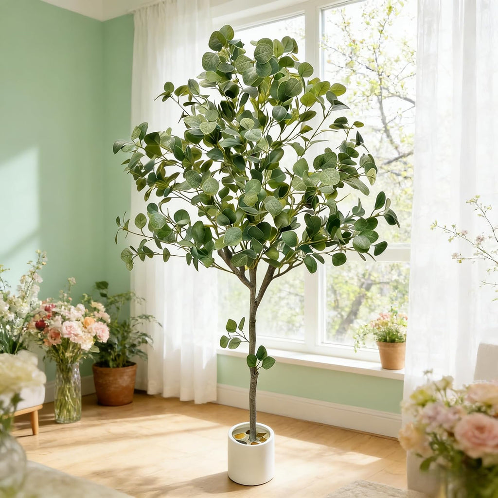 5FT Fake Eucalyptus Plant, Silk Artificial Tree with White Pot
