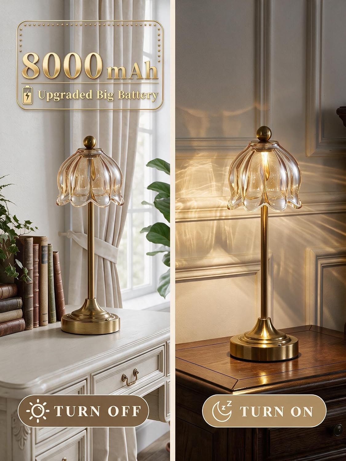 Cordless Touch Table Lamp with Glass Shade (Amber, 2 Pack)