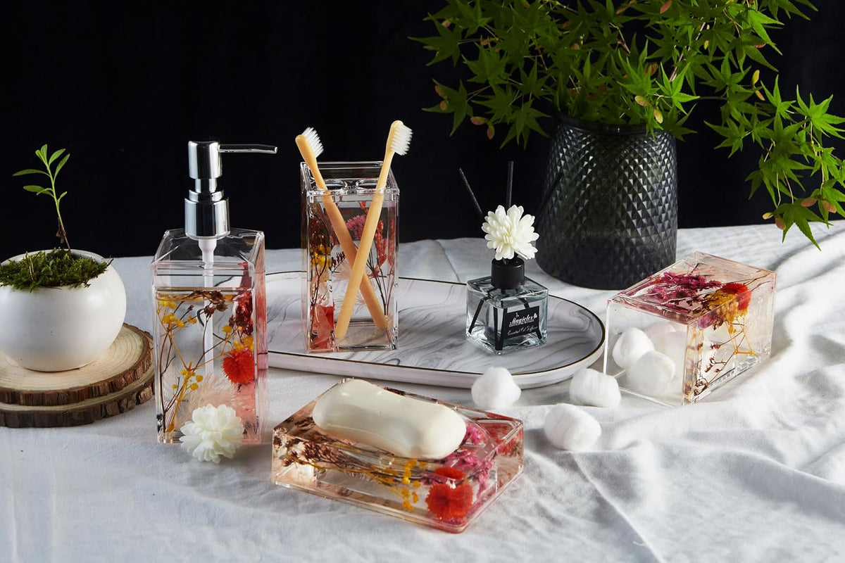 Locco Decor Bathroom Vanity Accessory Set Acrylic Liquid 3D Floating Motion Toothbrush Holder, Tumbler, Soap Dispenser, Soap Dish, Toilet brush, 5-Piece Accessory Set Garden Botanic Pink Plants
