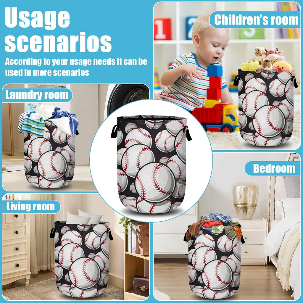 Baseball Softball Laundry Basket, Ball Laundry Hamper Collapsible Oxford Cloth with Handle Clothes Storage Bin for Bathroom Laundry Room Bedroom 15.7 X 20 Inch