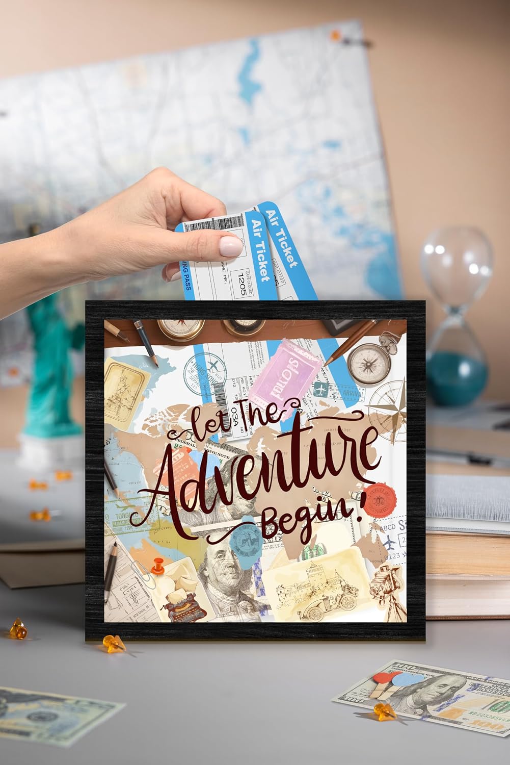 Black Travel Shadow Box Frame with Slot, Let The Adventure Begin Boxes Frames for Fund, 8x8 Memory Box for Keepsakes, Travel Gifts and Decorations, 12