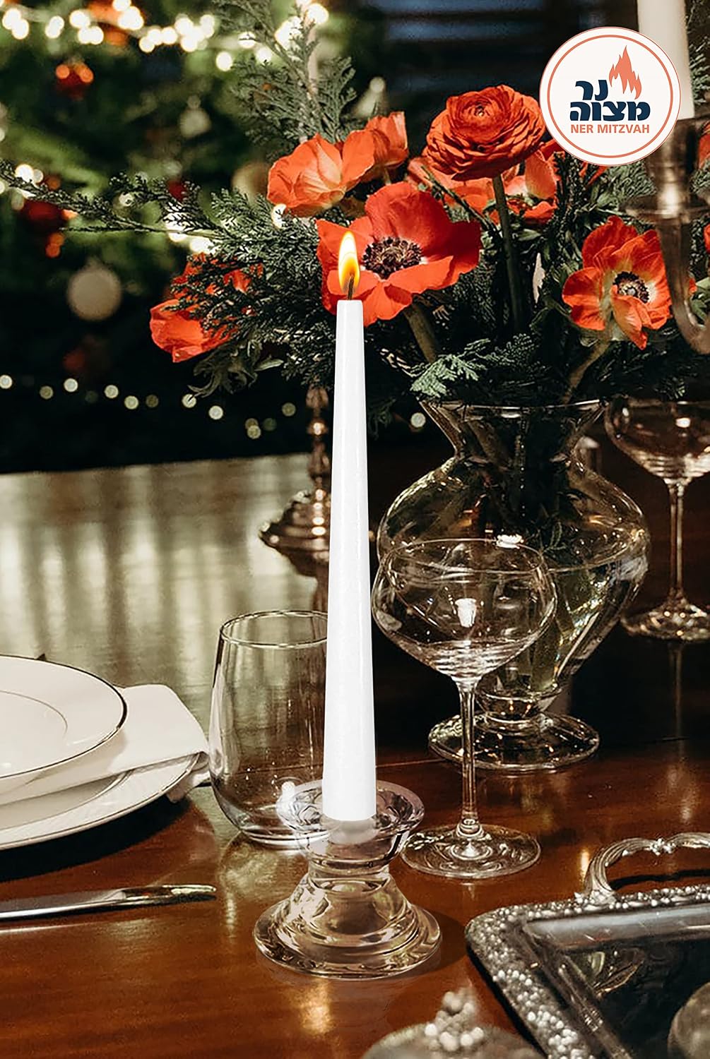 Ner Mitzvah Classic 8 Inch Taper Candles for Shabbat, Dinner Tables, Restaurants, Ceremonies and Emergency, 7 Hour Burn Time - White (Pack of 30)