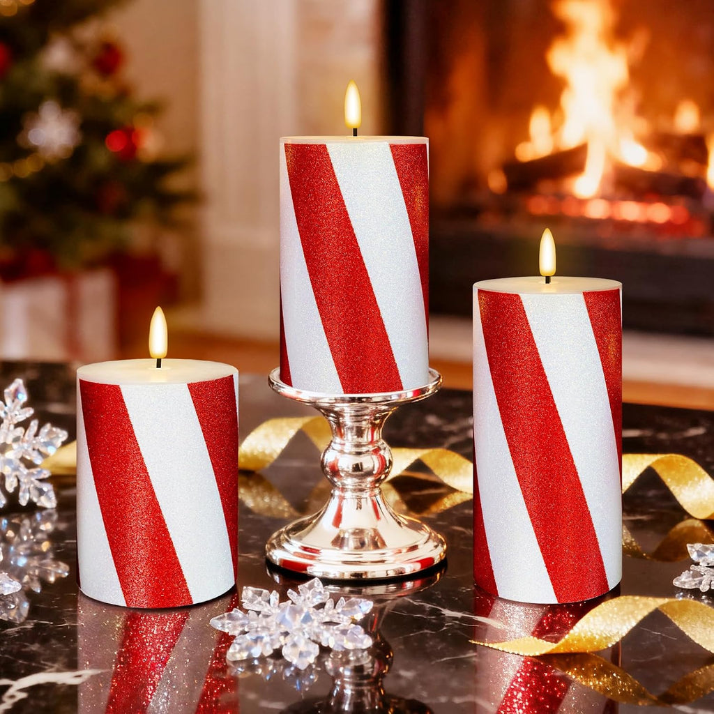 Red Striped Glitter Flameless Candles, Battery Operated LED Pillar Lights with Remote Timer, Real Wax Decorative Candles for Holiday Home Party Decor, Set of 3 (D3 x H4 5" 6")