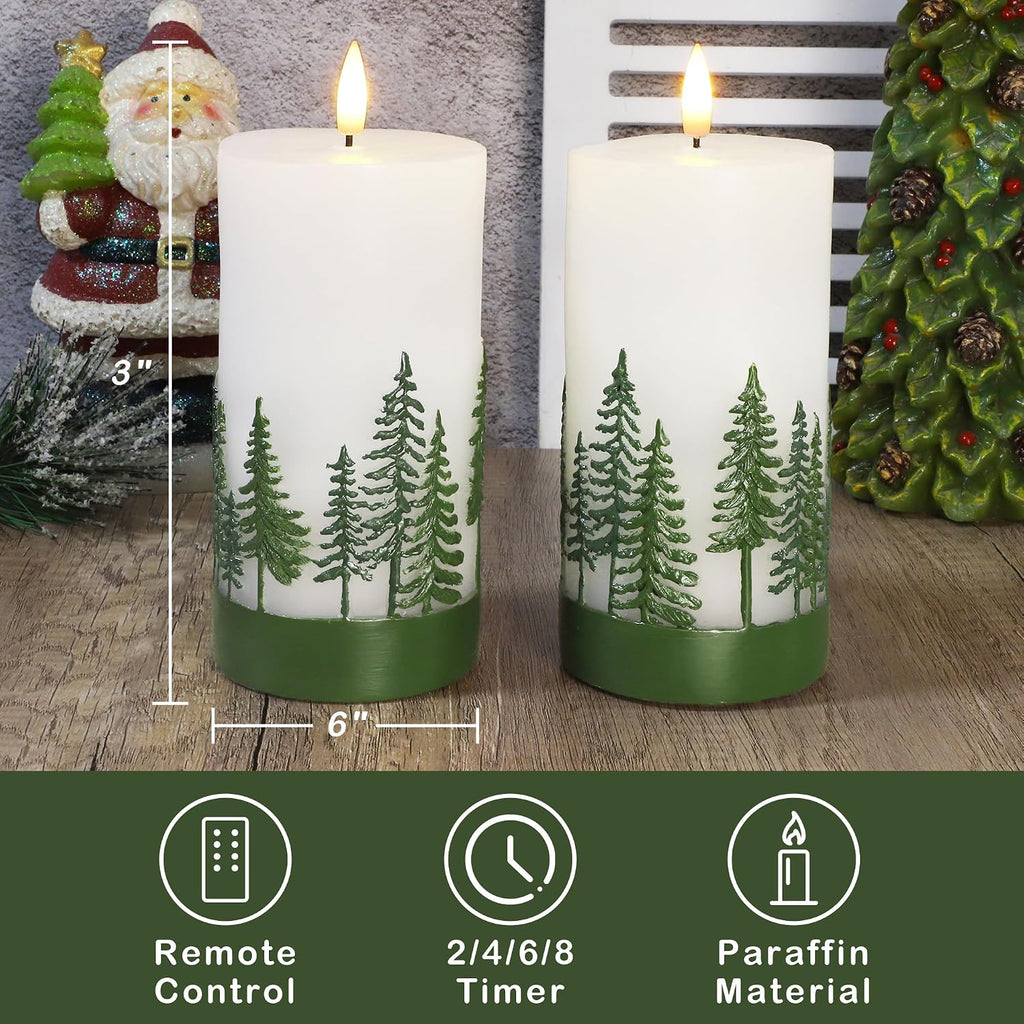 Holiday Flameless Candles Green Hand Drawn Christmas Tree Design with Remote Control, Flickering Real Wax Christmas LED Candles - Home Party Bathroom Room Xmas Decorations - Set of 2