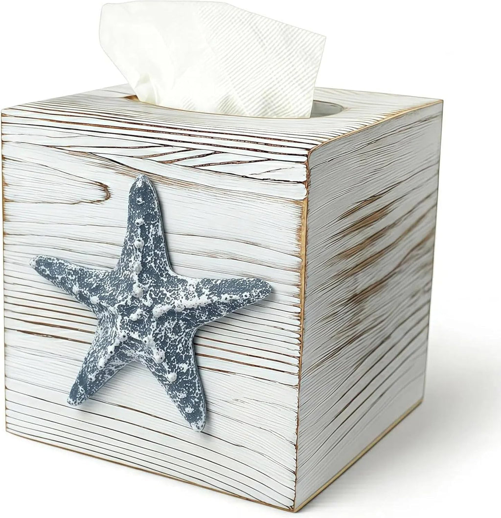 Coastal Tissue Box Cover Wooden Retro with Sliding Bottom Panel Beach Decor for Bathroom Bedroom Living Room,Starfish Decor Suitable for Coastal Gifts Beach House Gifts