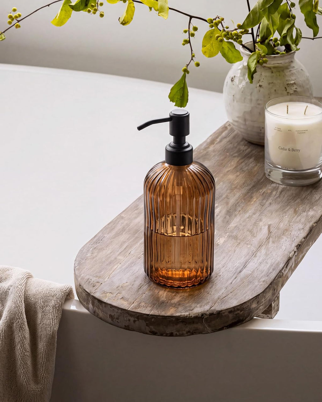 JASAI 18Oz Amber Glass Soap Dispenser with Black Pump for Hand Soap