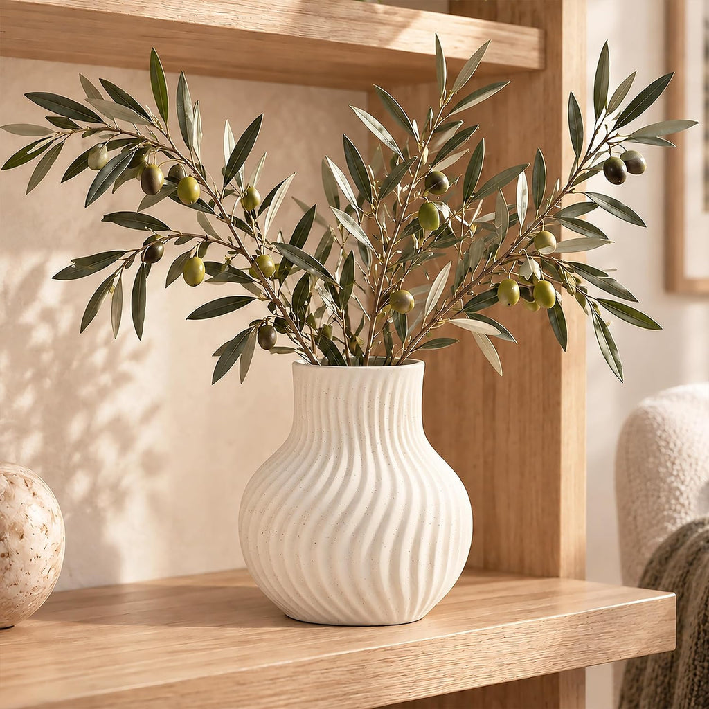 White Ceramic Flower Vase, Modern Ribbed Flower Vase for Pampas Grass