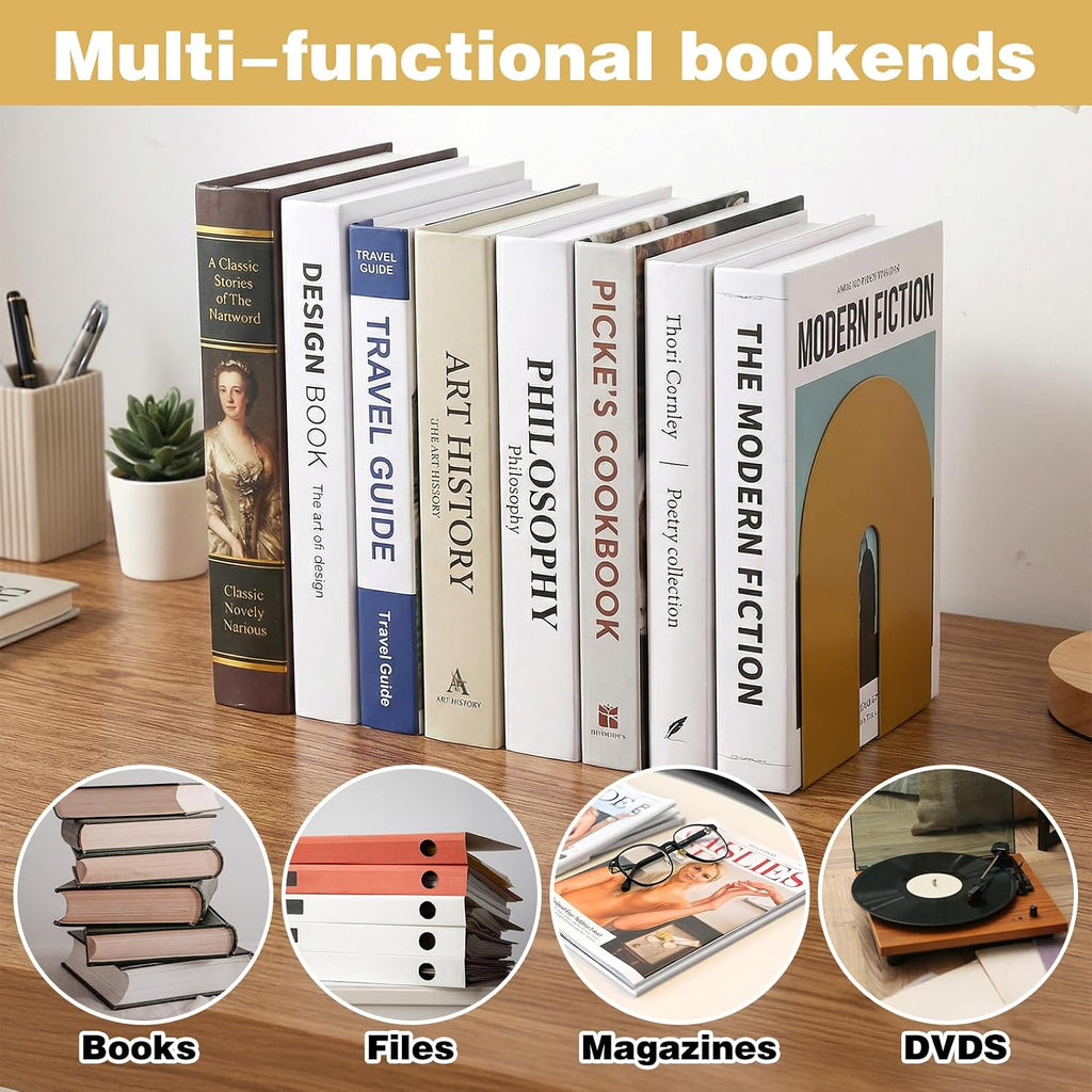 Set of 4 Golden Iron Book Ends for Heavy Books, Decorative Metal Bookends for Office Desk & Home Library, Elegant Book Holders for Shelves, Textbooks, Albums, Magazines (5.1x4.7x6.7 Inches)