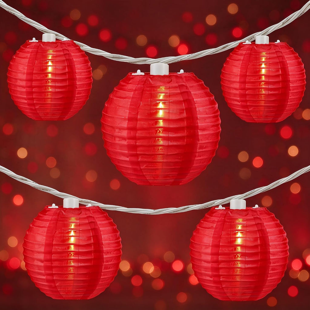 YULETIME Red Lantern String Lights, 10 ct 3" Dia 7.6 ft White Wire Plug-in