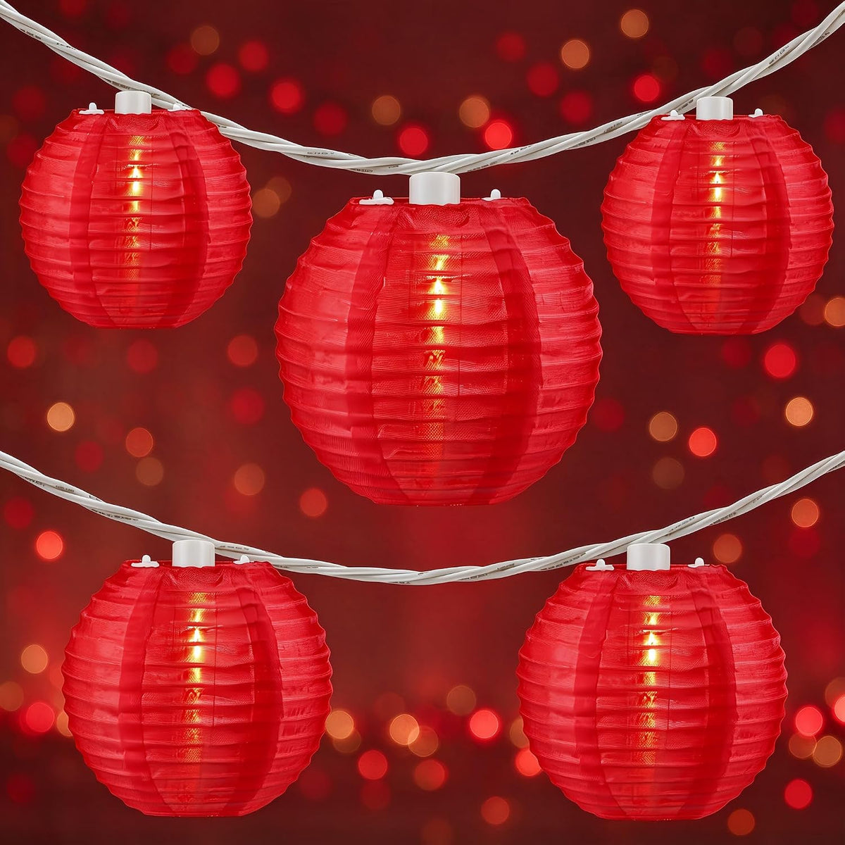 YULETIME Red Lantern String Lights, 10 ct 3" Dia 7.6 ft White Wire Plug-in