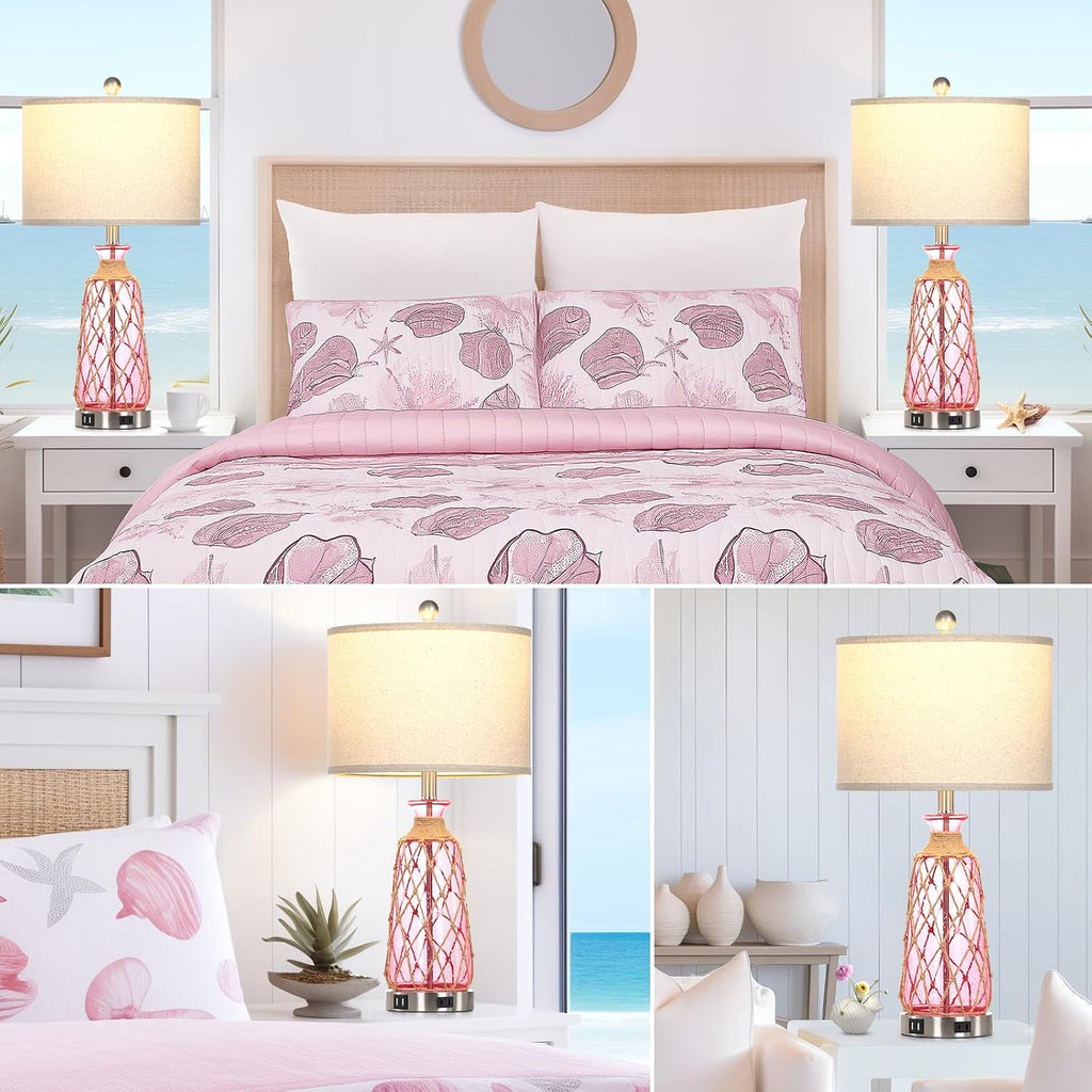 Ruzectt 25.5" Coastal Glass Table Lamps Set of 2, 3-Way Dimmable Touch Control Bedside Lamps with 2 USB Ports and AC Outlet, Pink Nautical Nightstand Lamps for Bedroom Living Room (LED Bulbs Included)