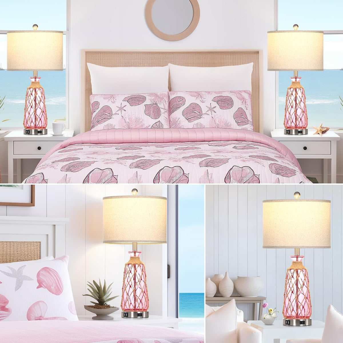 Ruzectt 25.5" Coastal Glass Table Lamps Set of 2, 3-Way Dimmable Touch Control Bedside Lamps with 2 USB Ports and AC Outlet, Pink Nautical Nightstand Lamps for Bedroom Living Room (LED Bulbs Included)