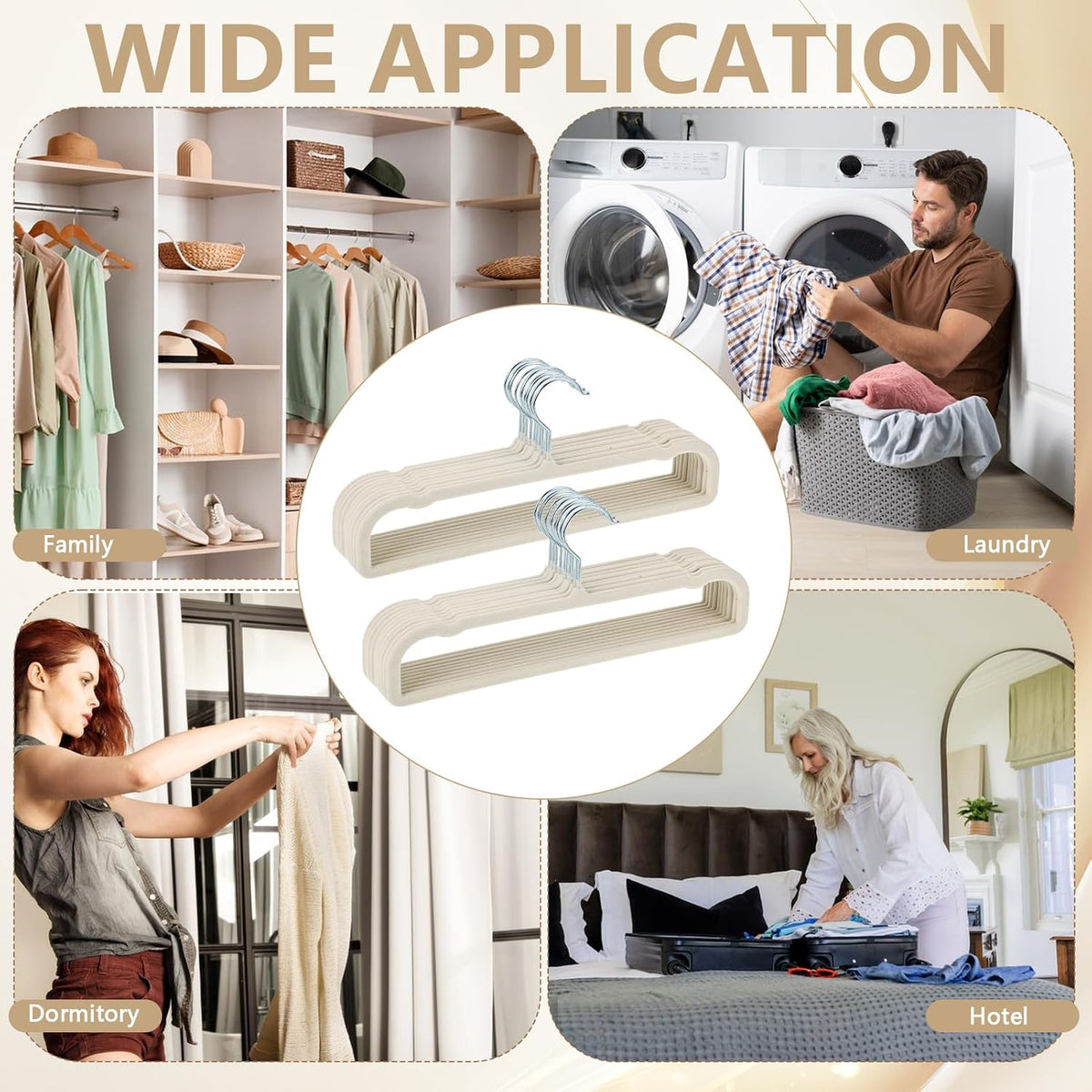 50 Pack Velvet Pants Hangers Non Slip, Velvet Hangers Space Saving for Closet, Strong Durable Clothes Hanger with 360° Swivel Hook, Ultra Soft Flocked Hanger for Pants Jeans Shirts Bra Shorts (Cream)