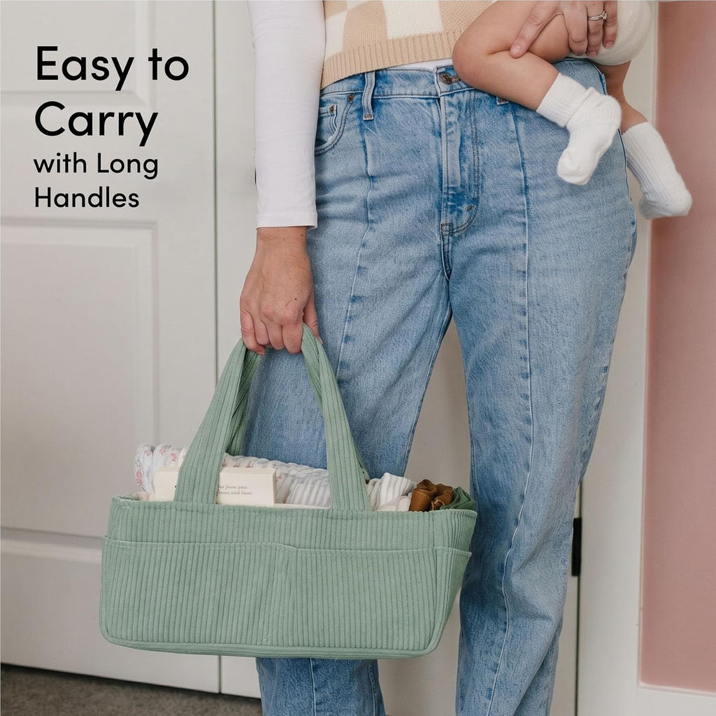 PUTSKA Baby Diaper Caddy Organizer, Nursery Basket, Sage Green Corduroy