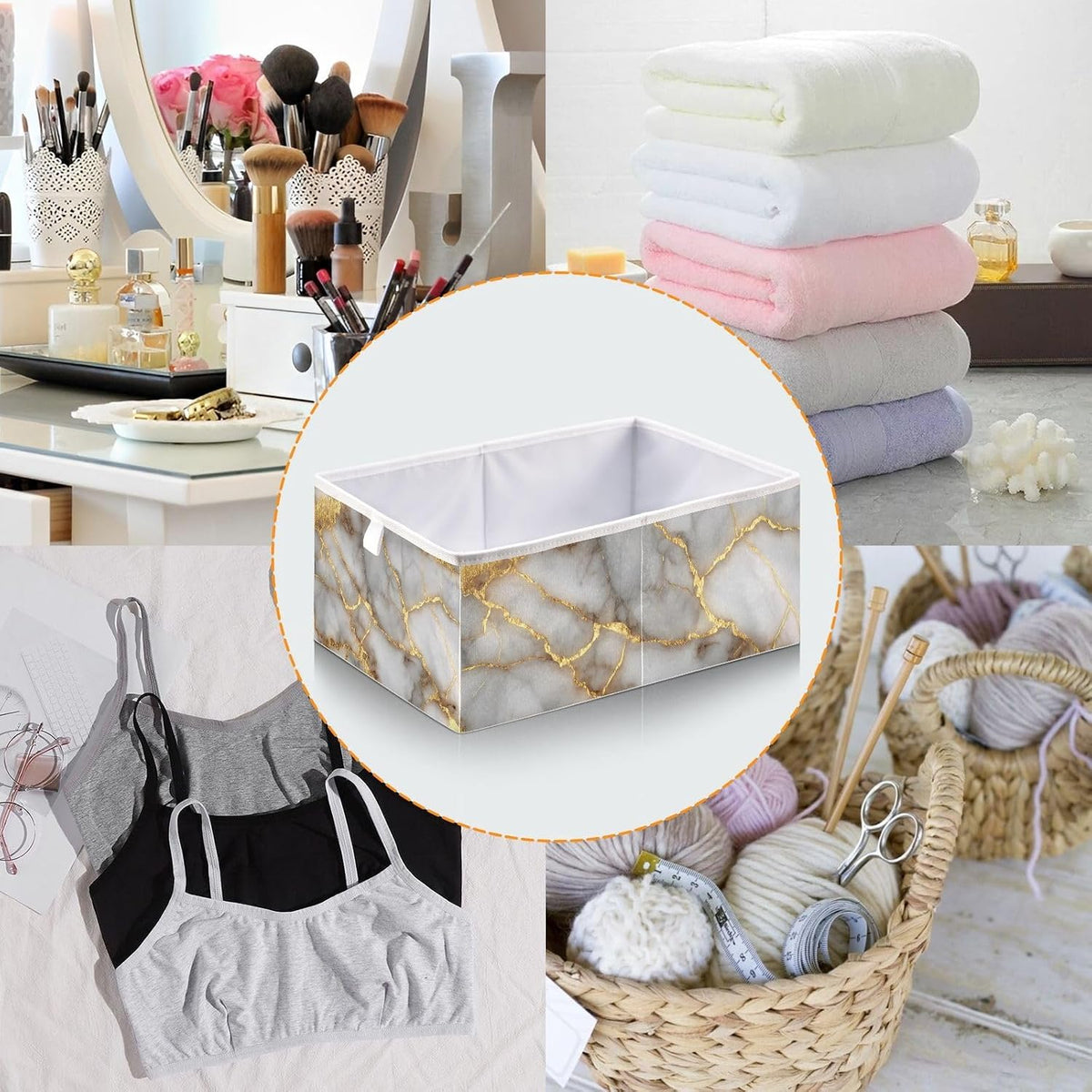 Gold Marble Pattern Cube Storage Bins Collapsible Fabric Storage Baskets