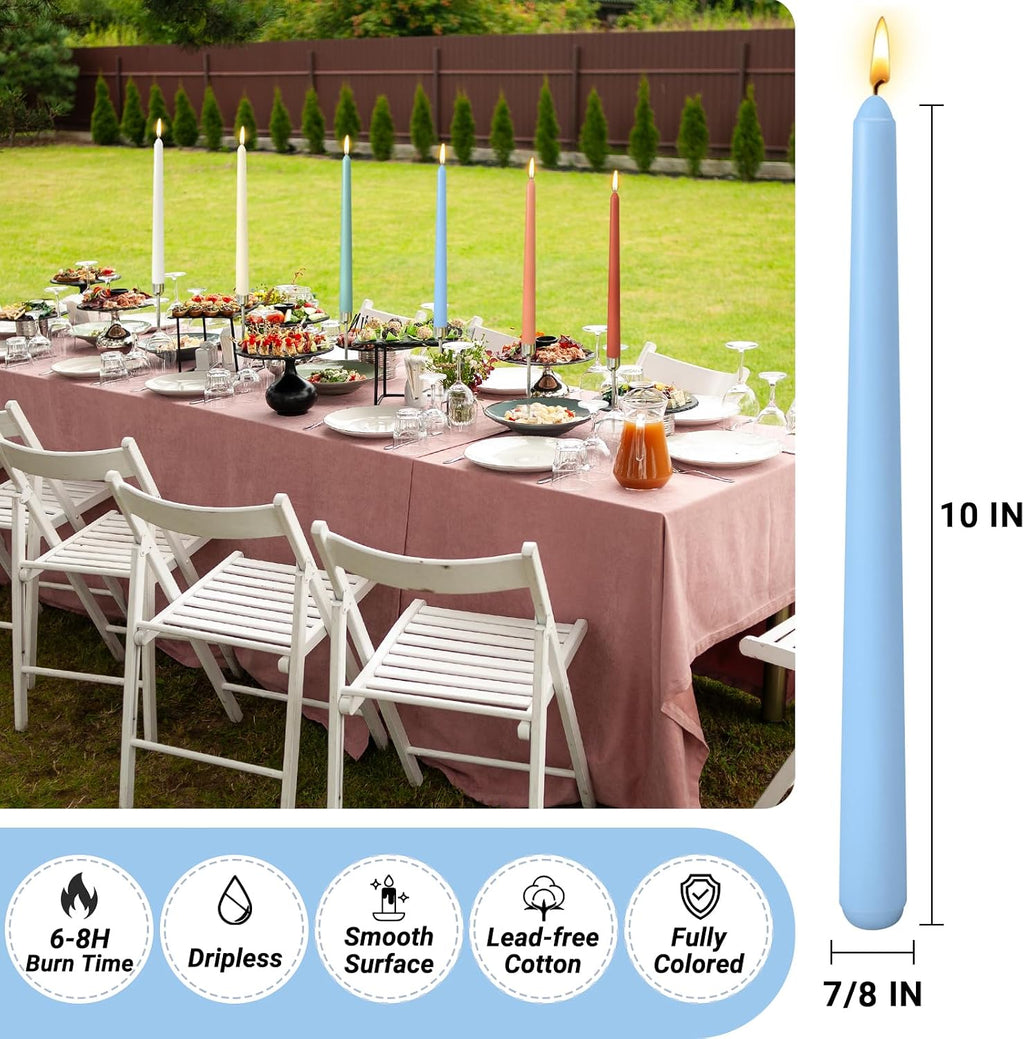 12 Pack 10 inch Assorted Color Taper Candle Set for Holiday Dinner Party, Unscented Long Candlesticks, Dripless and Smokeless, 7-8 Hours Burn