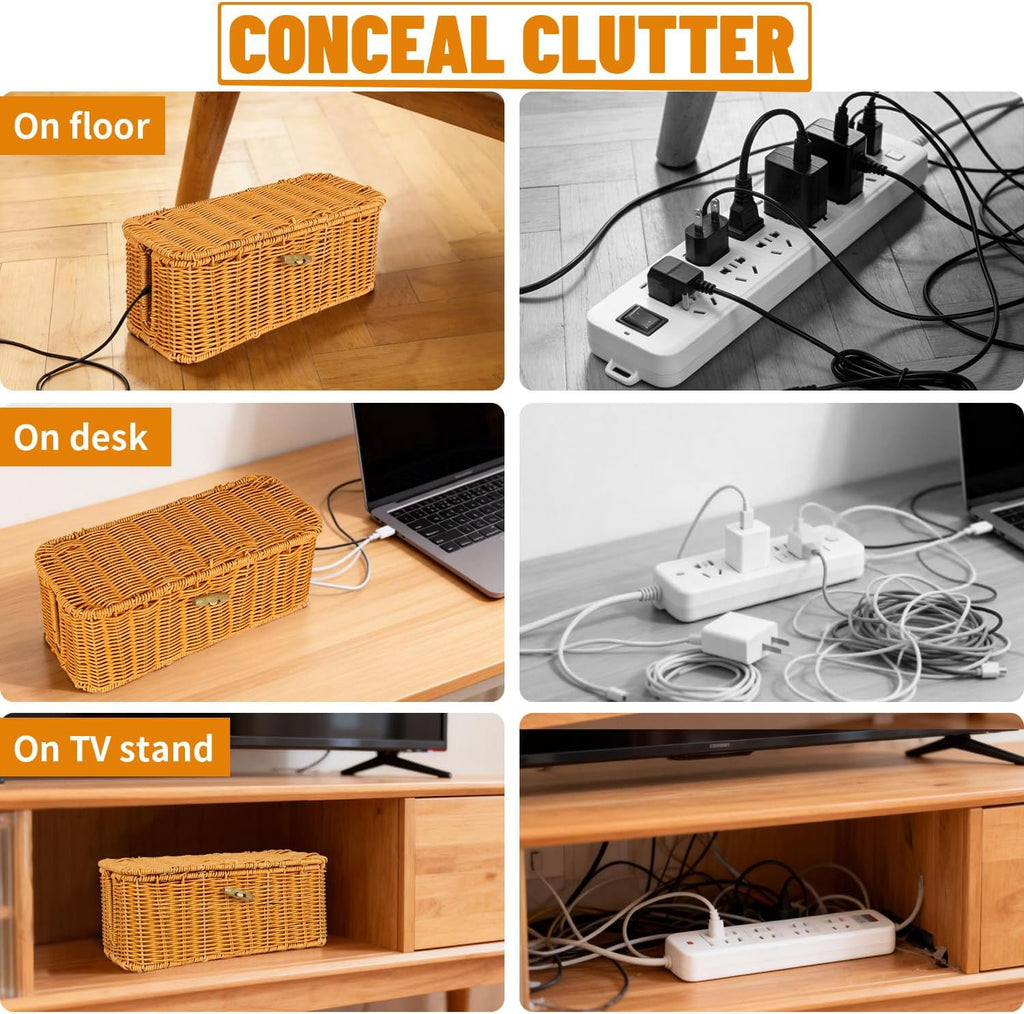 2 Pcs Handwoven Rattan Cable Management Box,Cord Organizer Box with Lid,Open-Slot Cord Hiding Basket,Decorative Storage Box for Hiding Computers, Tv, Power Sockets, USB Hubs（Orange）