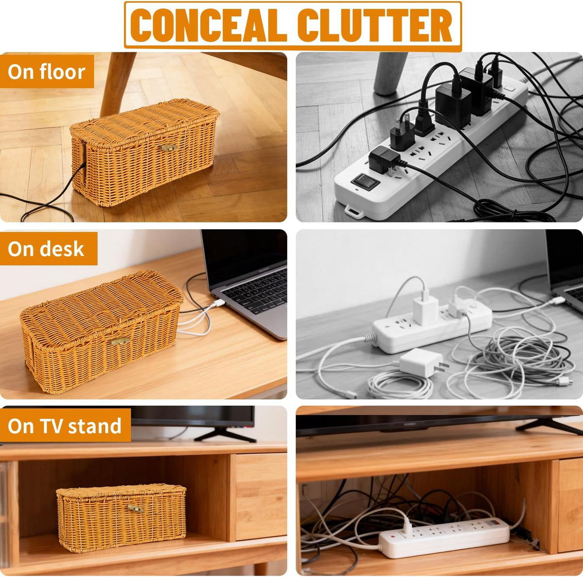 2 Pcs Handwoven Rattan Cable Management Box,Cord Organizer Box with Lid,Open-Slot Cord Hiding Basket,Decorative Storage Box for Hiding Computers, Tv, Power Sockets, USB Hubs（Orange）