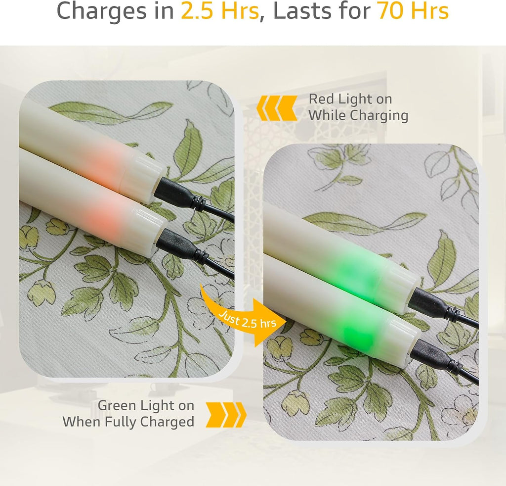 Rechargeable Flameless Timer Remote Taper Candles, 2pcs 0.86" x10" LED Flickering Dripping Wax Window Tall Fake Ivory Plastic Candlesticks(USB Charging Cable Included)