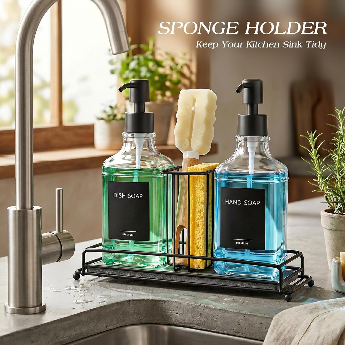 Kitchen Soap Dispenser Set, Hand and Dish Soap Dispenser Set with Sponge Holder, Dish Soap Dispenser with Instant Dry Tray for Kitchen, 17 fl oz Clear Glass Soap Dispenser with Pump