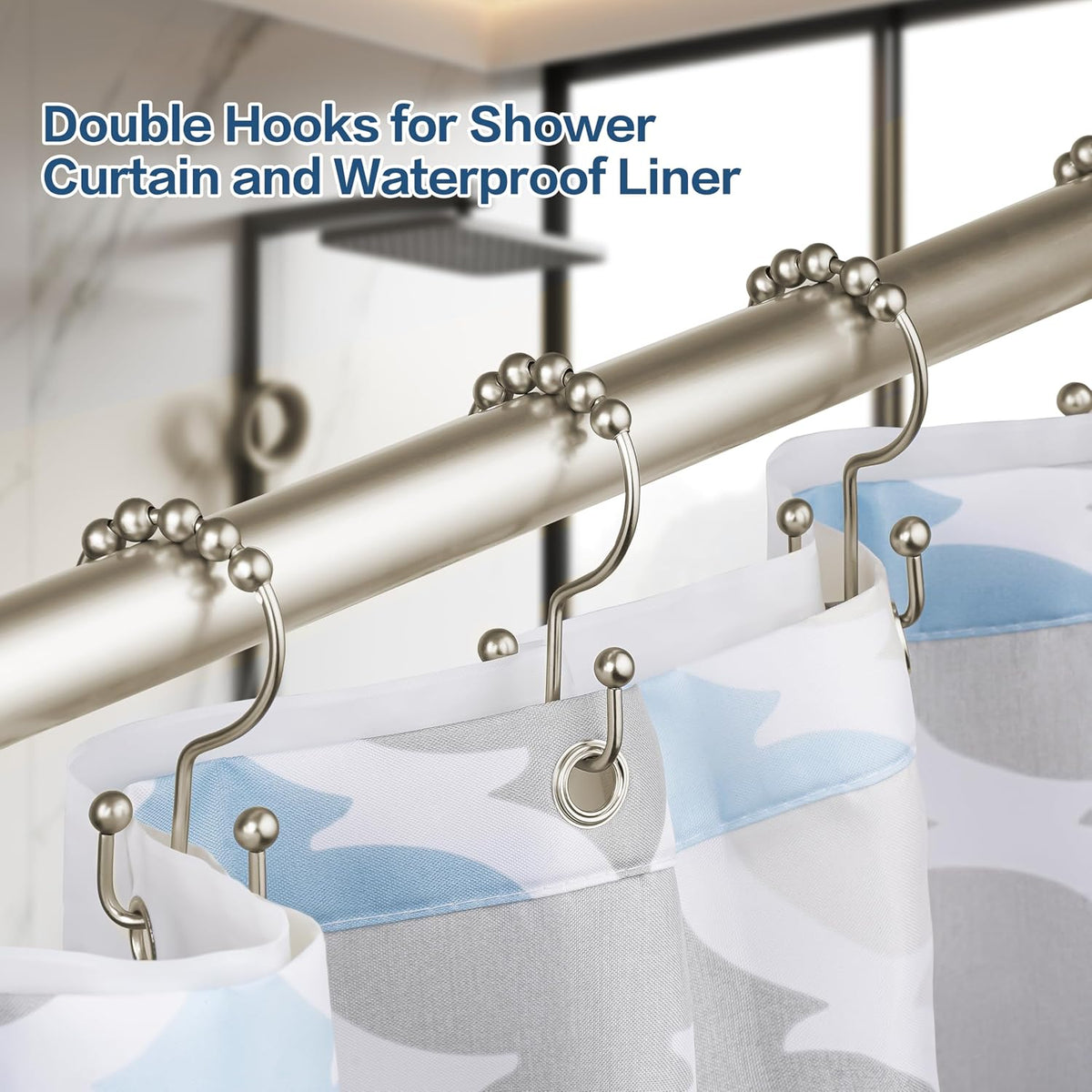 DAWNER Shower Curtain Hooks, Rust Proof Metal Easy Glide Double Rings, Stainless Steel Hangers for Bathroom Curtains, Set of 12, Brushed Nickel (Pack of 3)