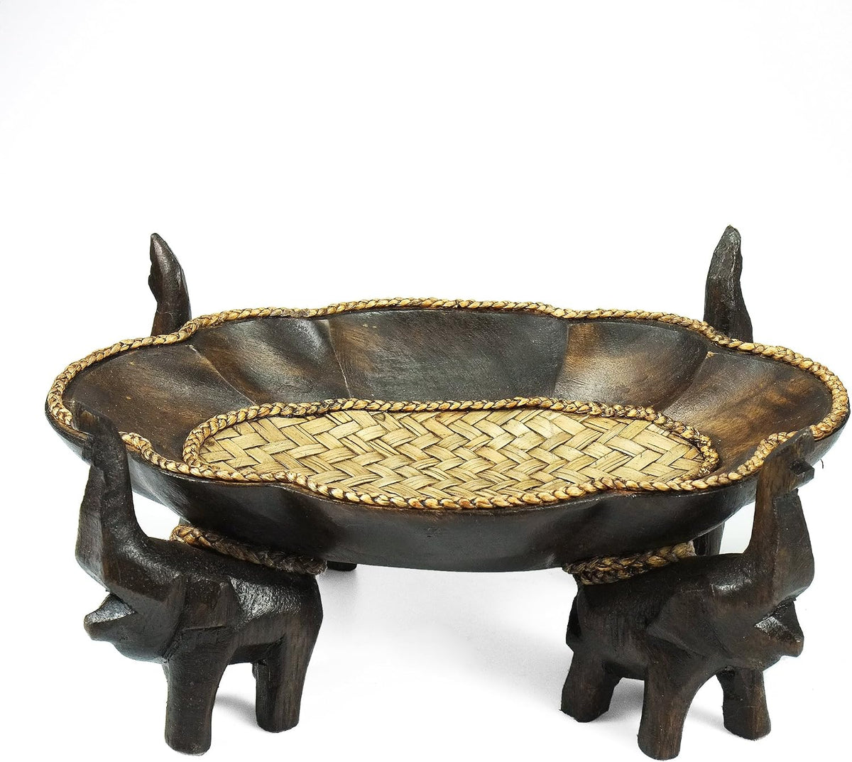 AeraVida Triumphant Elephants Carved Rain Tree Wooden Bowl | Handmade Rustic Decorative Bowl for Serving Snacks, Fruits, and Home Decor | Eco-Friendly Nature-Inspired Centerpiece (Style5)