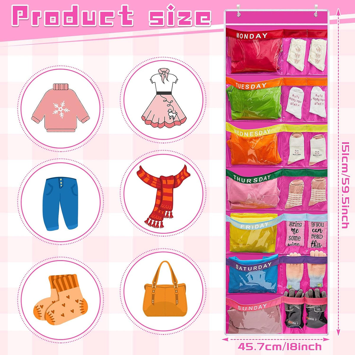 Oudain 2 Pcs Weekly Kids Clothes Organizer Large 21 Pockets 7-shelf, Purple