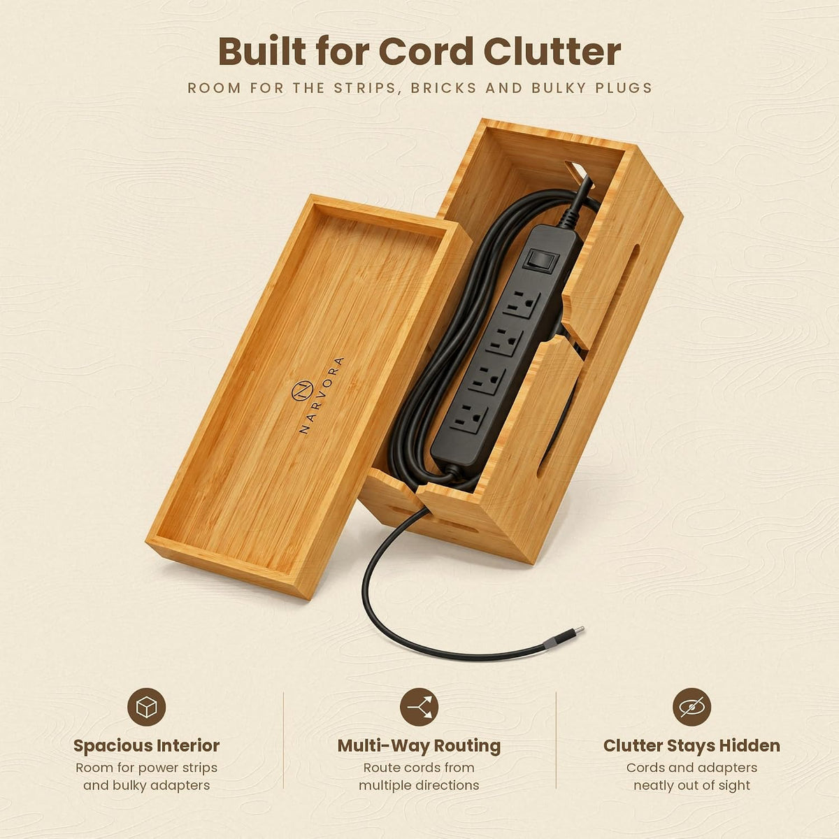 Bamboo Cable Management Box, Large 13.4” Wooden Cord Organizer Box