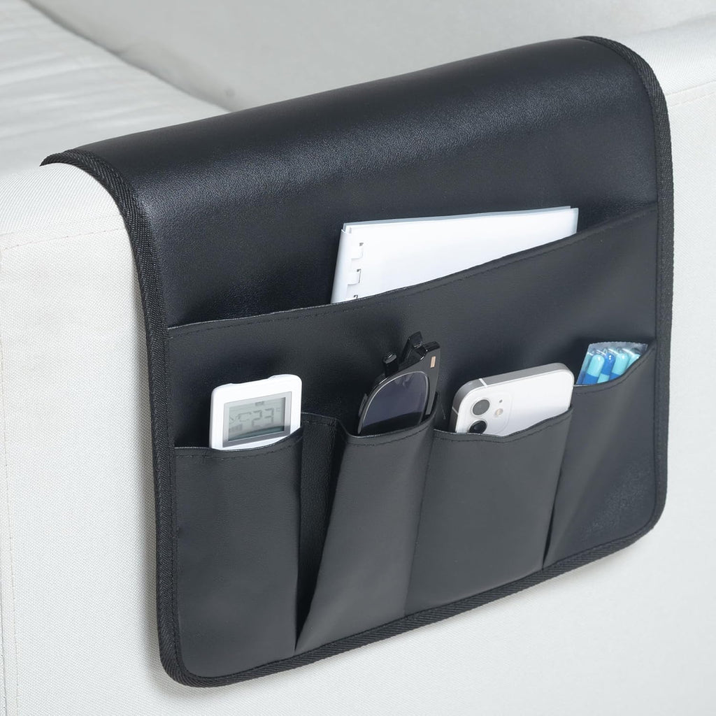 PU Leather Sofa Armrest Organizer, Armchair Magazine Holders, Waterproof Remote Holder for Recliner Couch with 1 Large Pocket, 4 Small Pockets for Magazine, Remote, Phone, Ipad, Books (Black)