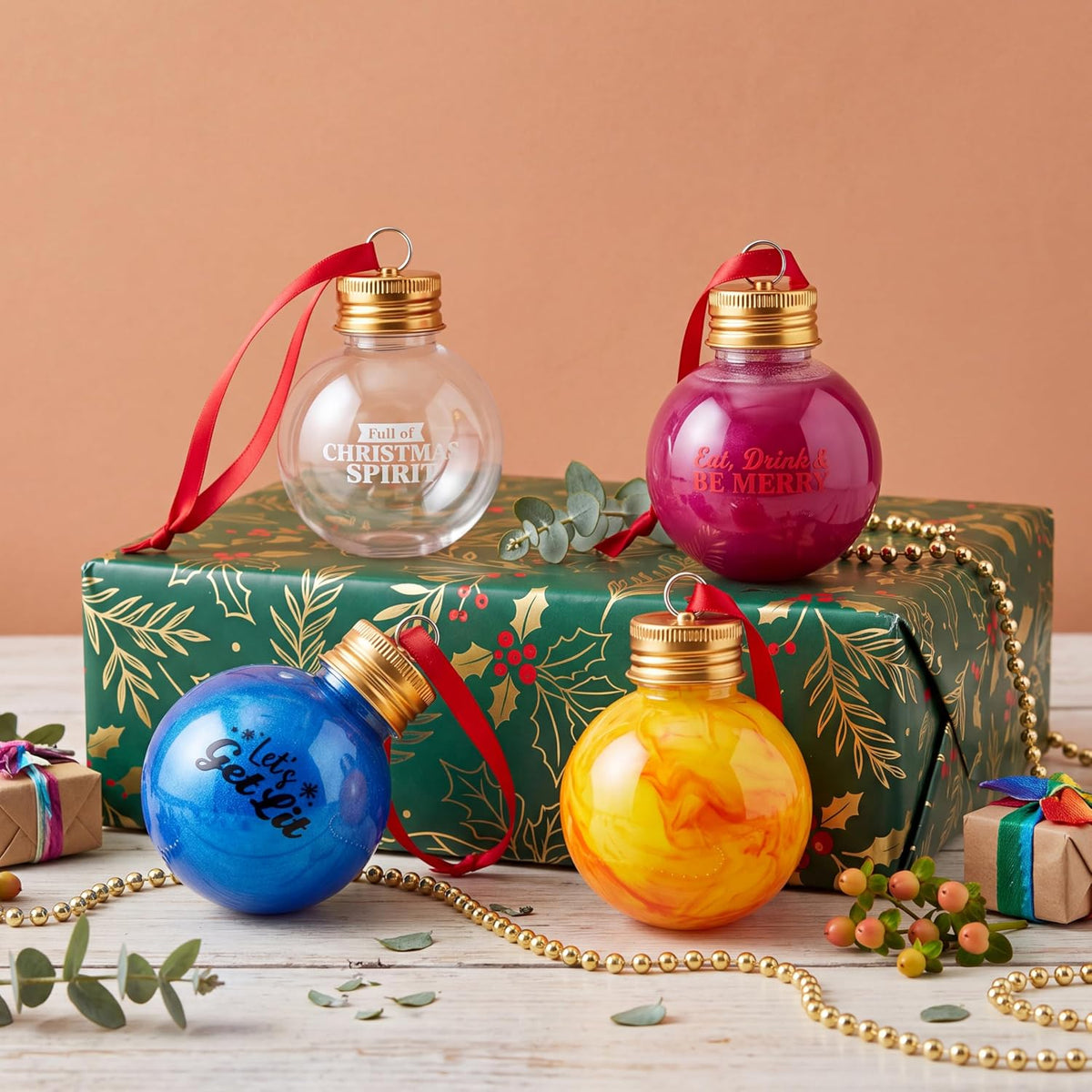 Joiedomi 18 Pcs Mini Christmas Boozeball Ornaments Set, 1.7 oz Clear Plastic Fillable Ball, Ball Ornaments for Christmas Tree Hanging Decorations Indoor, Xmas Party Favors Supplies Presents