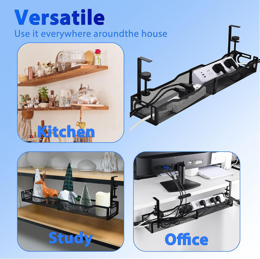 Under Desk Cable Management Tray 25.3 Inch, Clamp-On Cable Organizer Box for Standing Desks, No Drill Cord Management Under Desk, Large Desk Wire Organizer for Office & Home, Black
