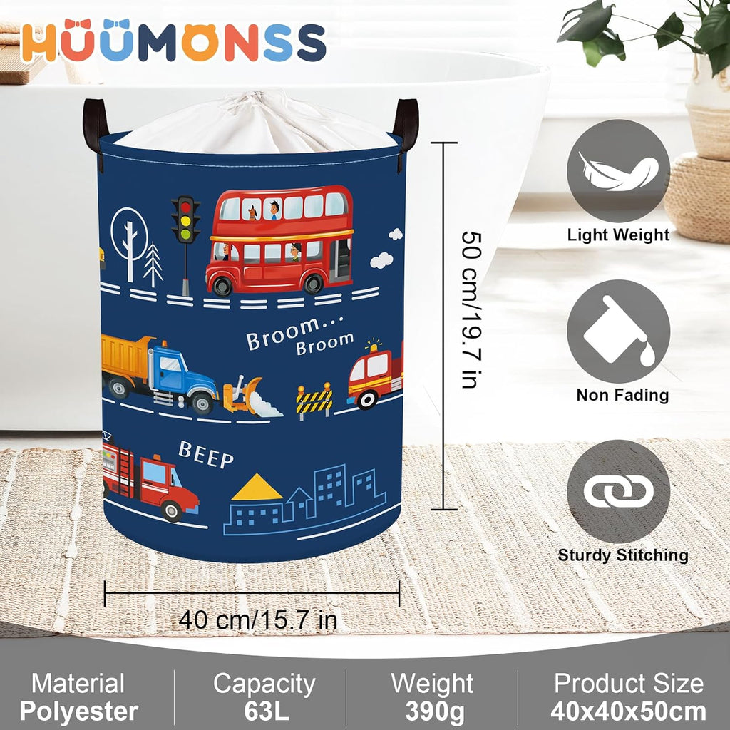 Cars Laundry Hamper Cartoon Vehicle Large Storage Basket Collapsible Parents Organizer Boy Toy Clothes Bins for Bedroom, Bathroom, City Bus, 63L