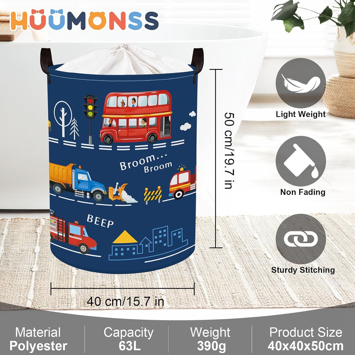 Cars Laundry Hamper Cartoon Vehicle Large Storage Basket Collapsible Parents Organizer Boy Toy Clothes Bins for Bedroom, Bathroom, City Bus, 63L