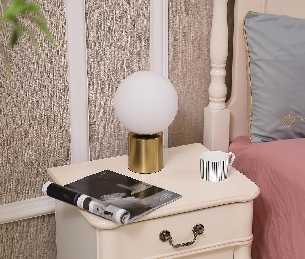 11 Inch Modern Mid Century Gold Globe Table Lamp, Round Bedside Nightstand Lamp with White Glass Shade Metal Base Desk Lamp for Bedroom Living Room End Table