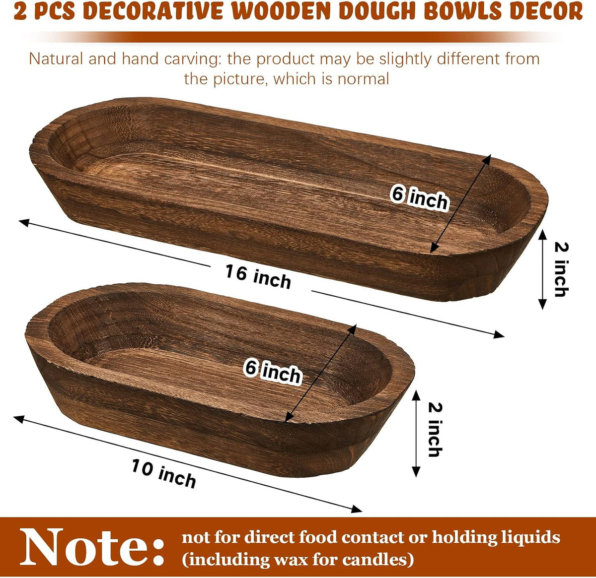Tessco for you 2 Wooden Dough Bowls,10 x 6 x 2 Inch, 16 x 6 x 2 Inch,Brown
