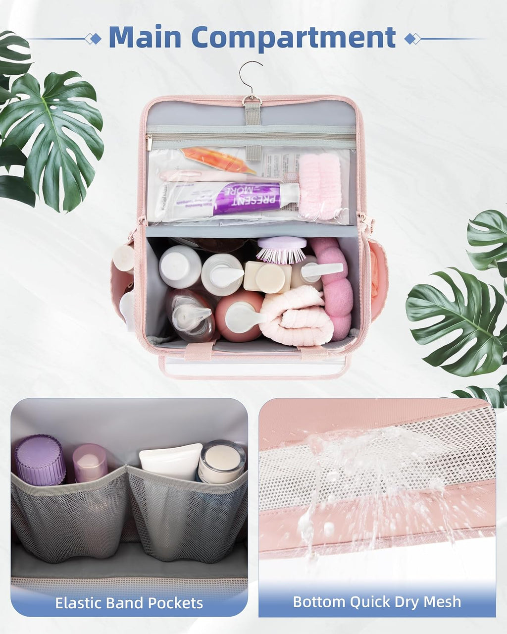 Marscamd Hanging Shower Caddy Organizer Bag with Quick Dry Mesh, Pink