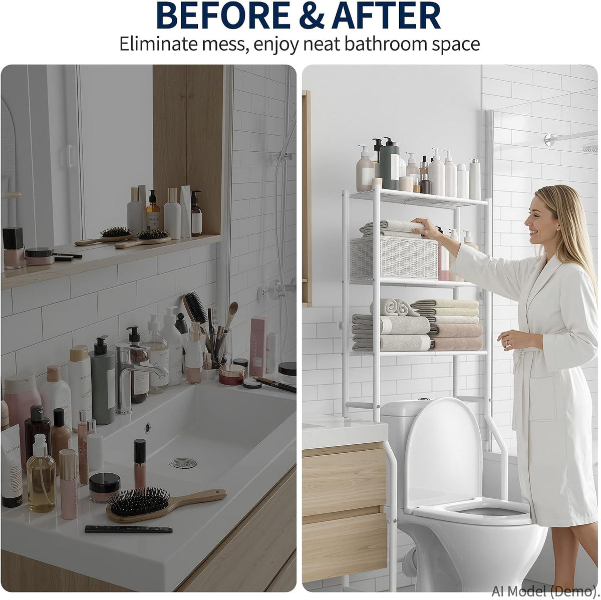 GloTika 3-Tier Over Toilet Storage Rack, Anti-Wobble, White