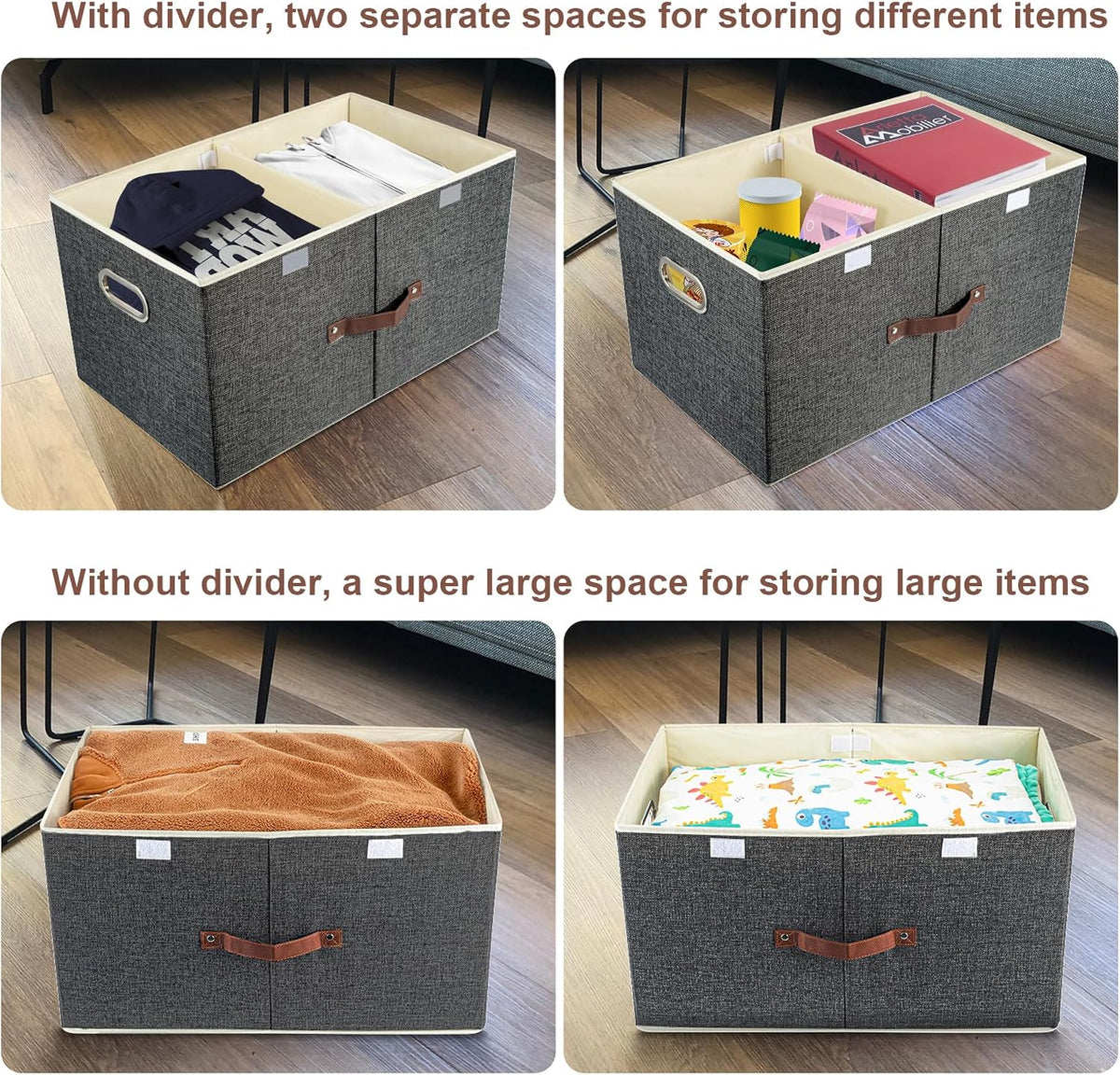 TYEERS Extra Large Collapsible Storage Bins with Lids and Compartments, Washable, Fabric Storage Boxes, 21.7x13x11.8 inches, 2 Pack, Black
