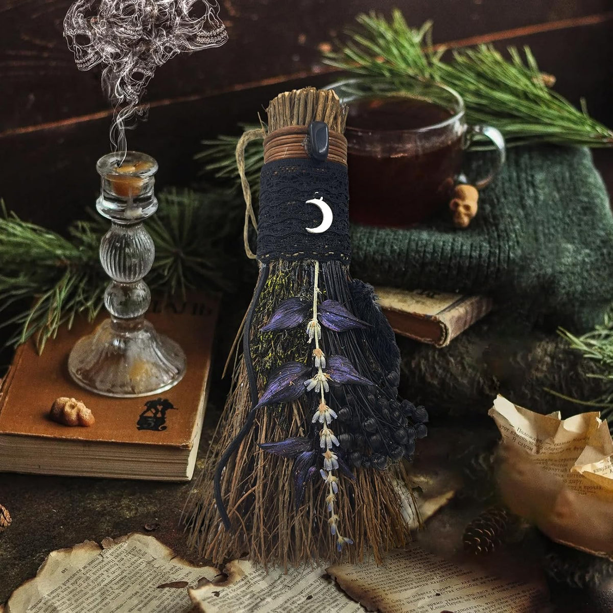 Cinnamon Broom 7.5 Inch Handmade Witch Broom for Altar (Black)