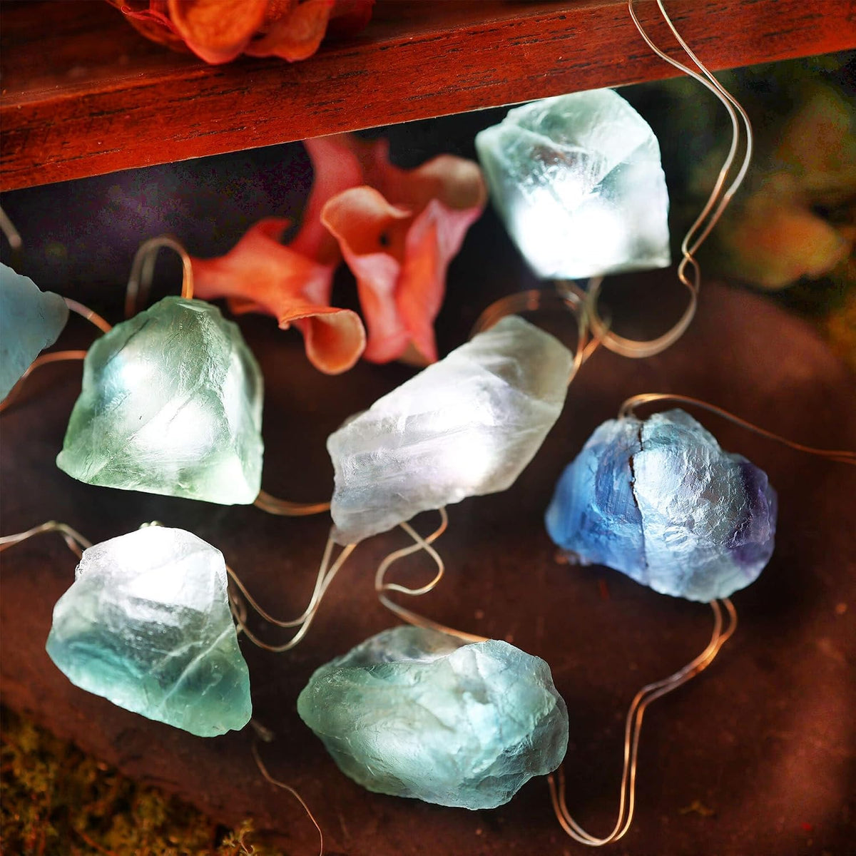Natural Fluorite Crystal String Lights Indoor Color Change Novelty Geode Fairy Decorative Lights 9ft 20 LEDs Battery Operated or USB Plug in for Bedroom Mood Accent Christmas Decoration